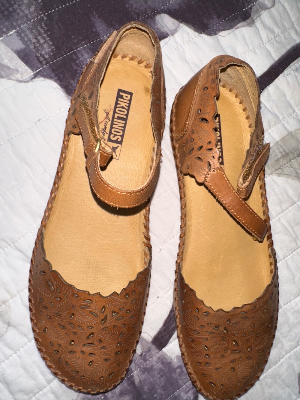 PIKOLINOS Brown Laser-Cut Leather Mary Jane Flats